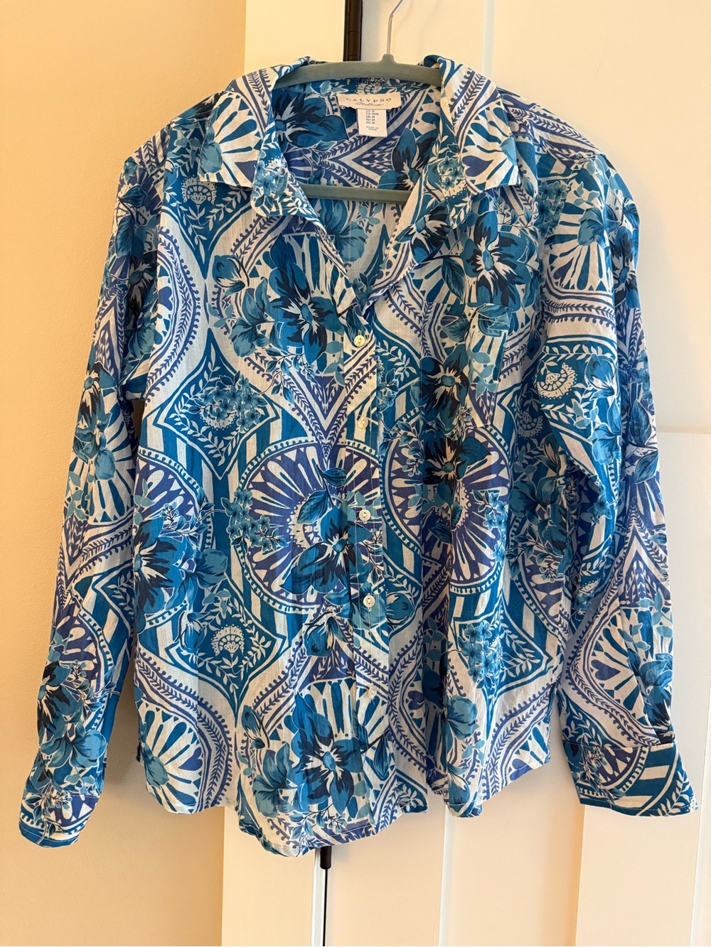 Calypso St. Barth Cotton Voile Turquoise Blue & White Long Sleeve Shirt M NWOT